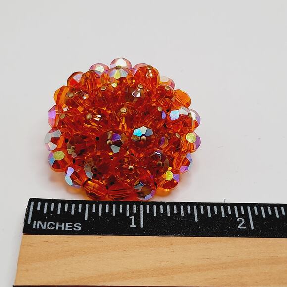 Vintage Orange AB Crystal Bead Brooch Round Layered 1.5" C Clasp - Picture 5 of 7